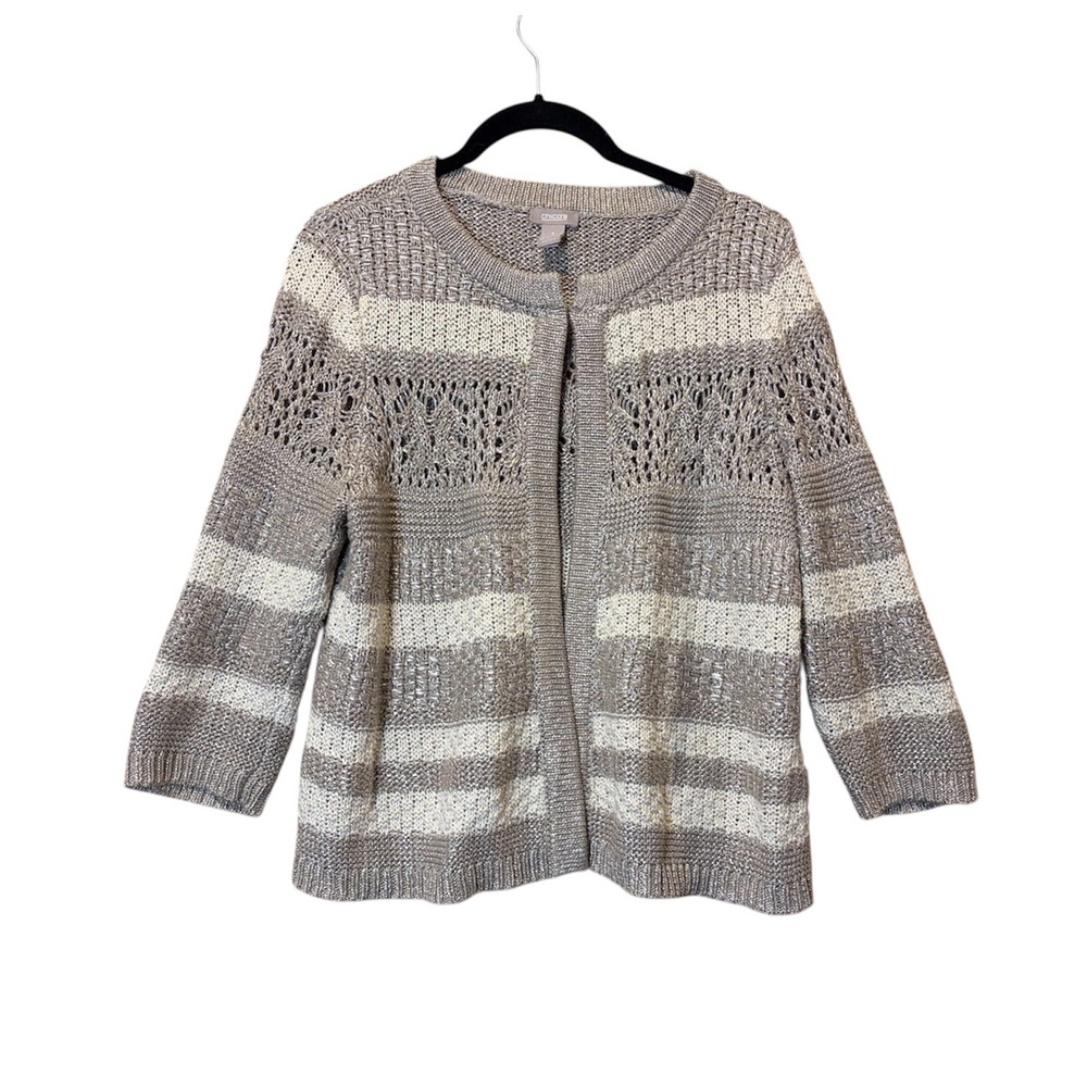 Chico's Cardigan Women Size 1 Silver Metallic Striped Open Front Knit Pontelle